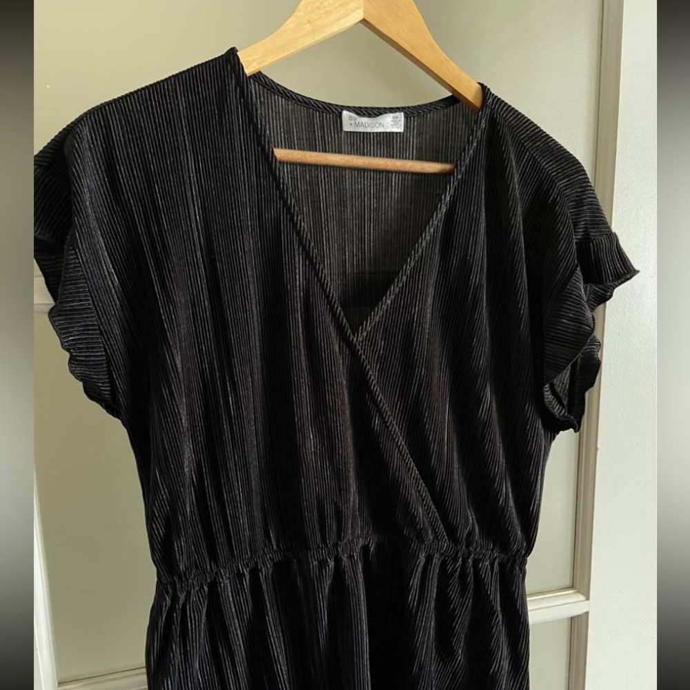 Black Pleated V-Neck Dress